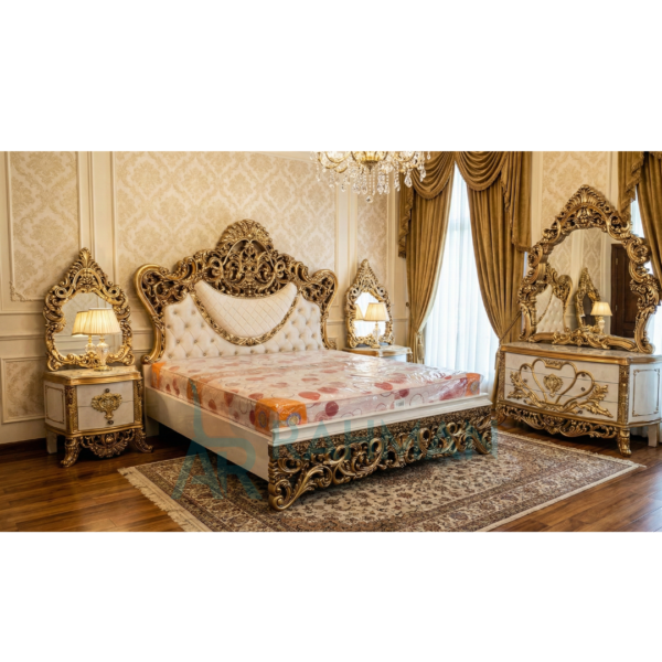 Luxury White & Gold Carved Bed Set
