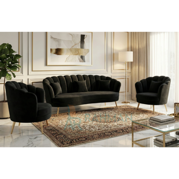Luxury Black Velvet Scalloped 3-Piece Sofa Set
