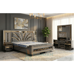 Modern Luxury Grey & Gold High-Gloss Bridal Bed Set