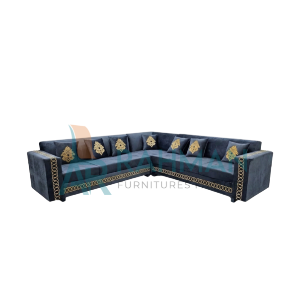 Royal Velvet L-Shape Corner Sofa with Gold Accents
